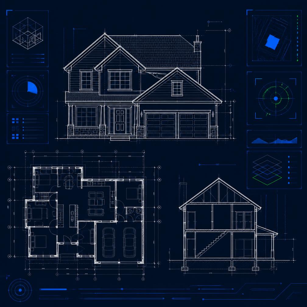Technical blueprint of a house overlaid with platform interface panels
